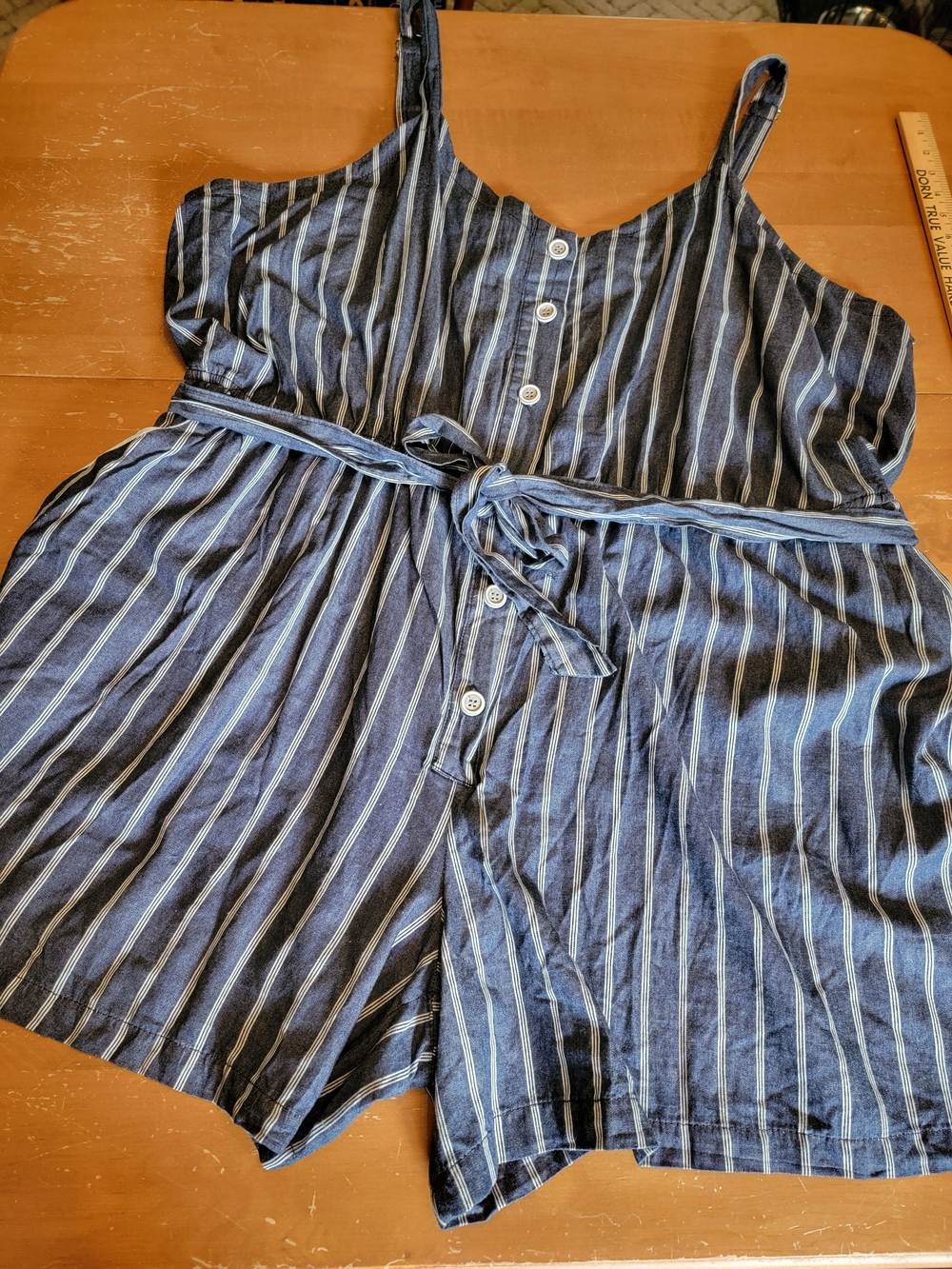 Ashley Stewart Navy & White Striped Button Romper Tie Waist Plus Size 36 NWT